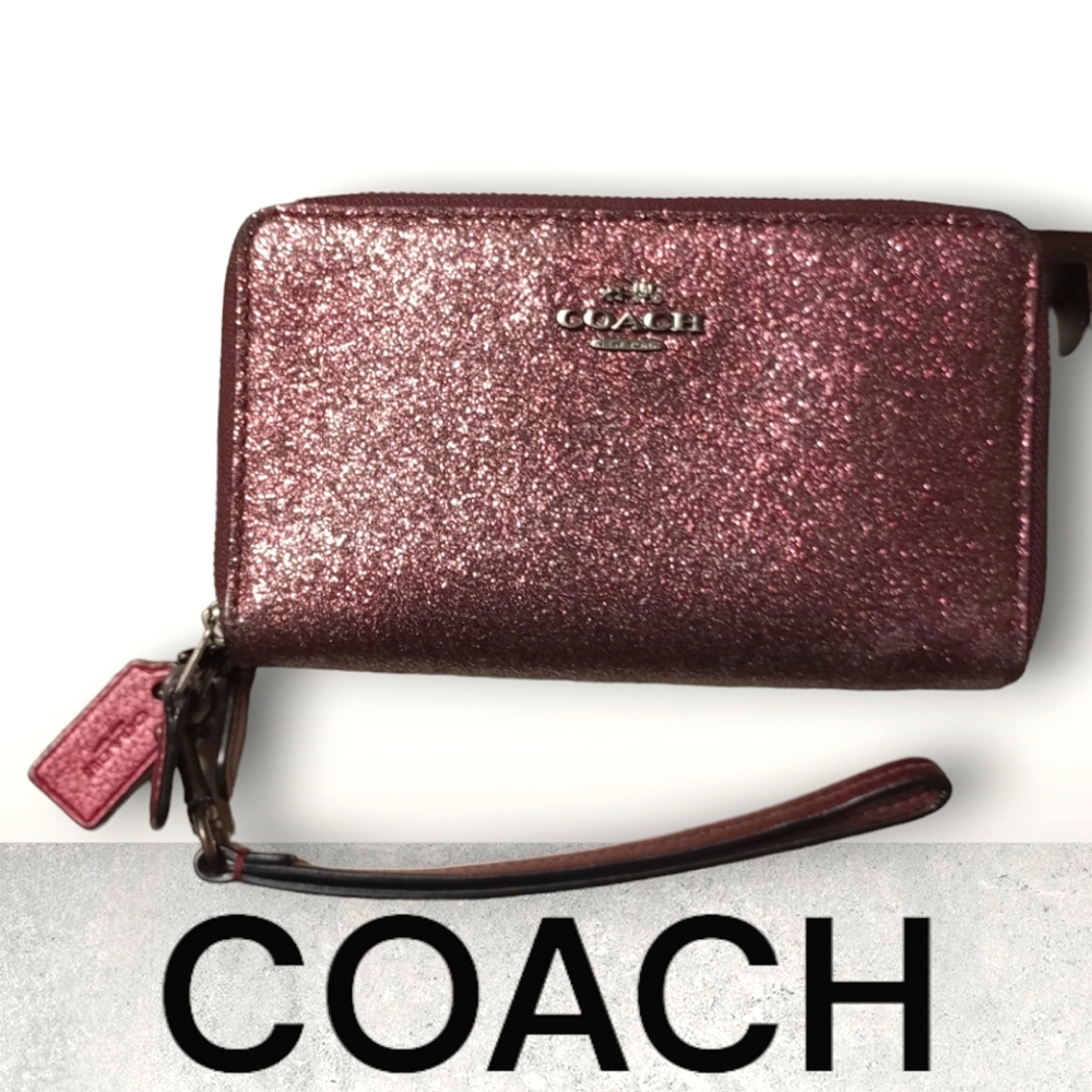 Coach Glitter Zip Wristlet in Metallic Pink